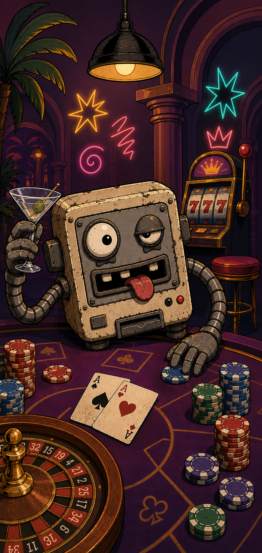A Degen Printer holding a martini beside a roulette table